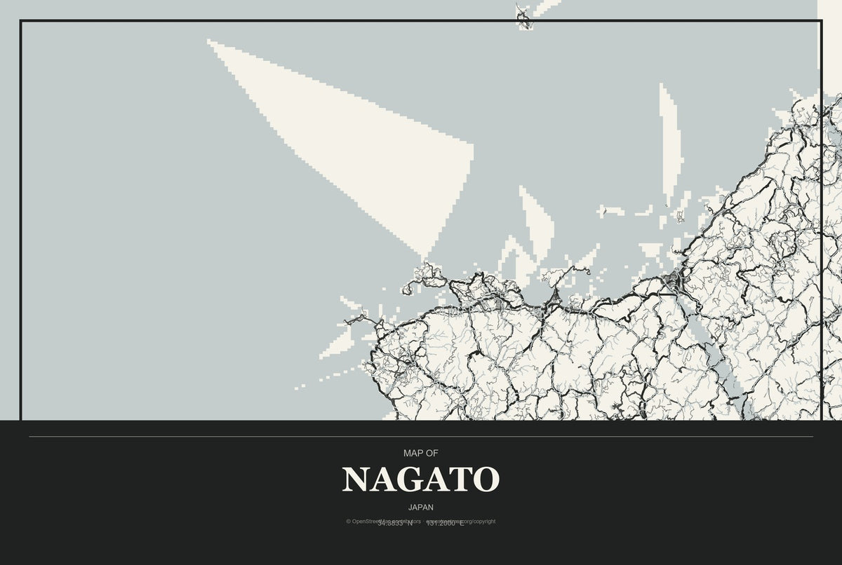Nagato, Japan City Map Aluminum Sign in Museum Plaque style