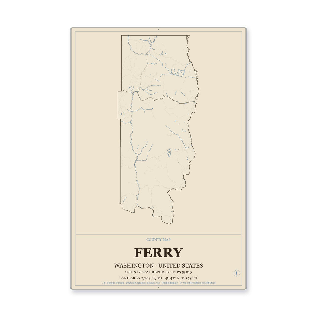 Ferry County, Washington Map Aluminum Sign in Heritage Nautical style