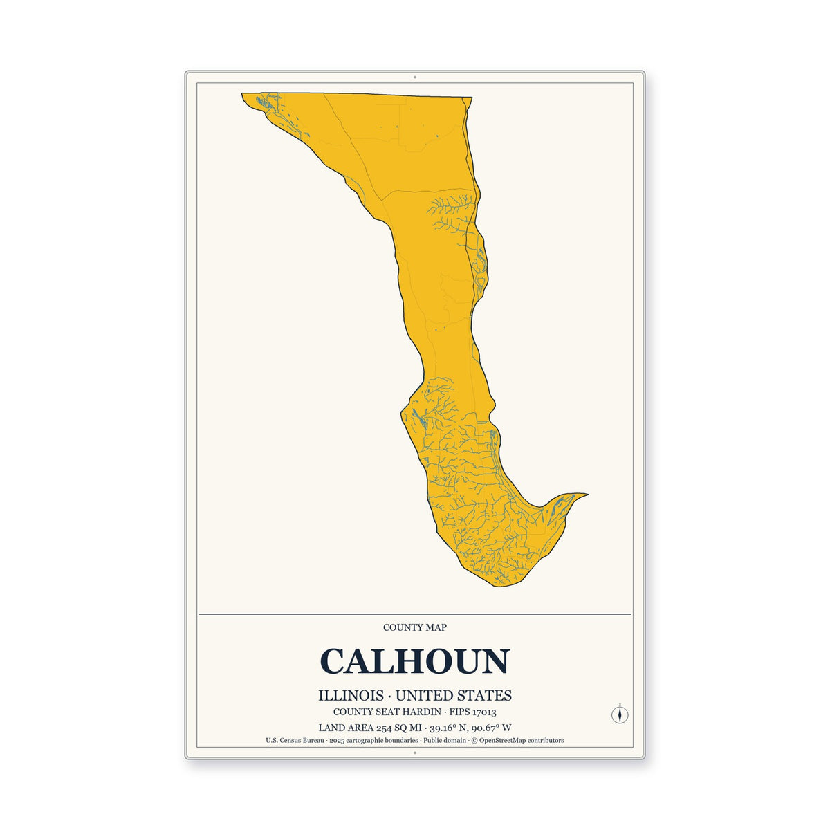Calhoun County, Illinois Map Aluminum Sign in Citrine Modern style