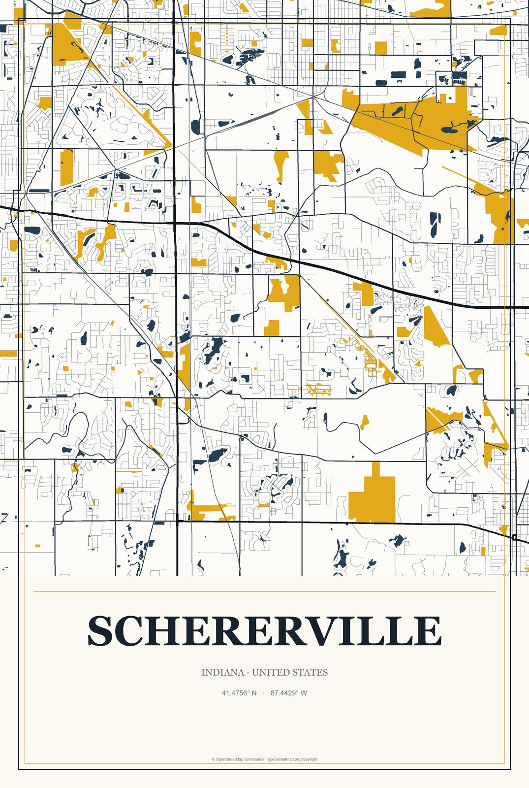 Schererville, Indiana City Map Aluminum Sign in Citrine Modern style