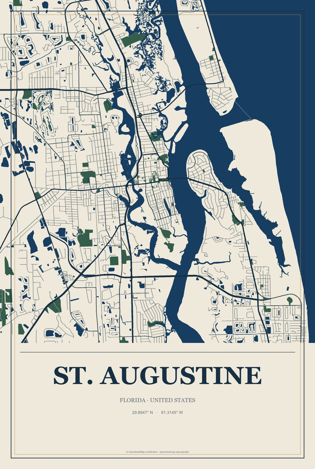 St. Augustine, Florida City Map Aluminum Sign in Coastal Cutout style