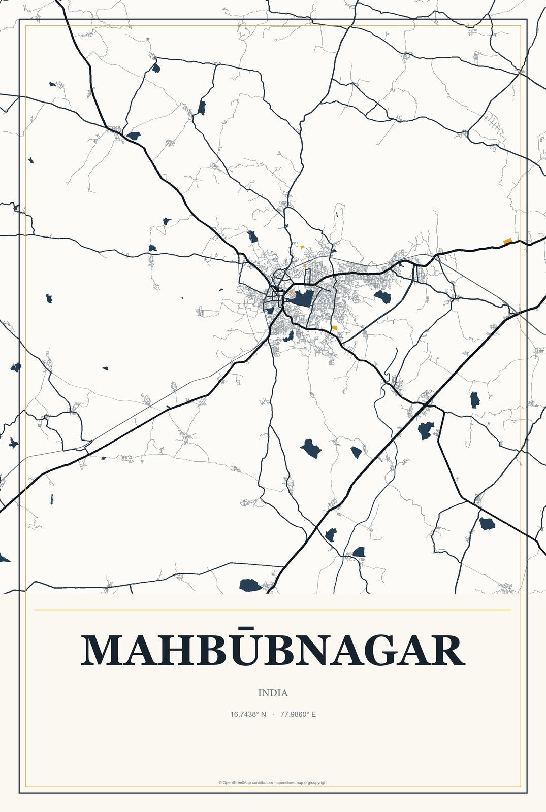 Mahbūbnagar, India City Map Aluminum Sign in Citrine Modern style