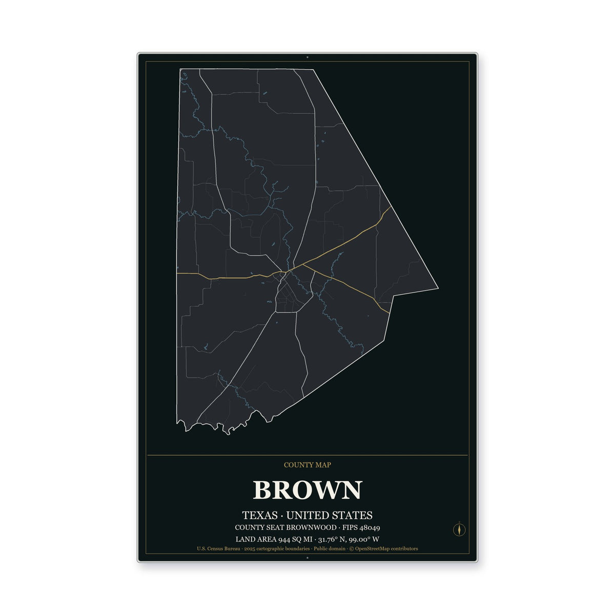 Brown County, Texas Map Aluminum Sign in Metropolitan Noir style