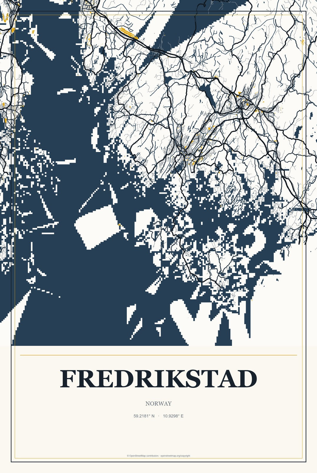 Fredrikstad, Norway City Map Aluminum Sign in Citrine Modern style