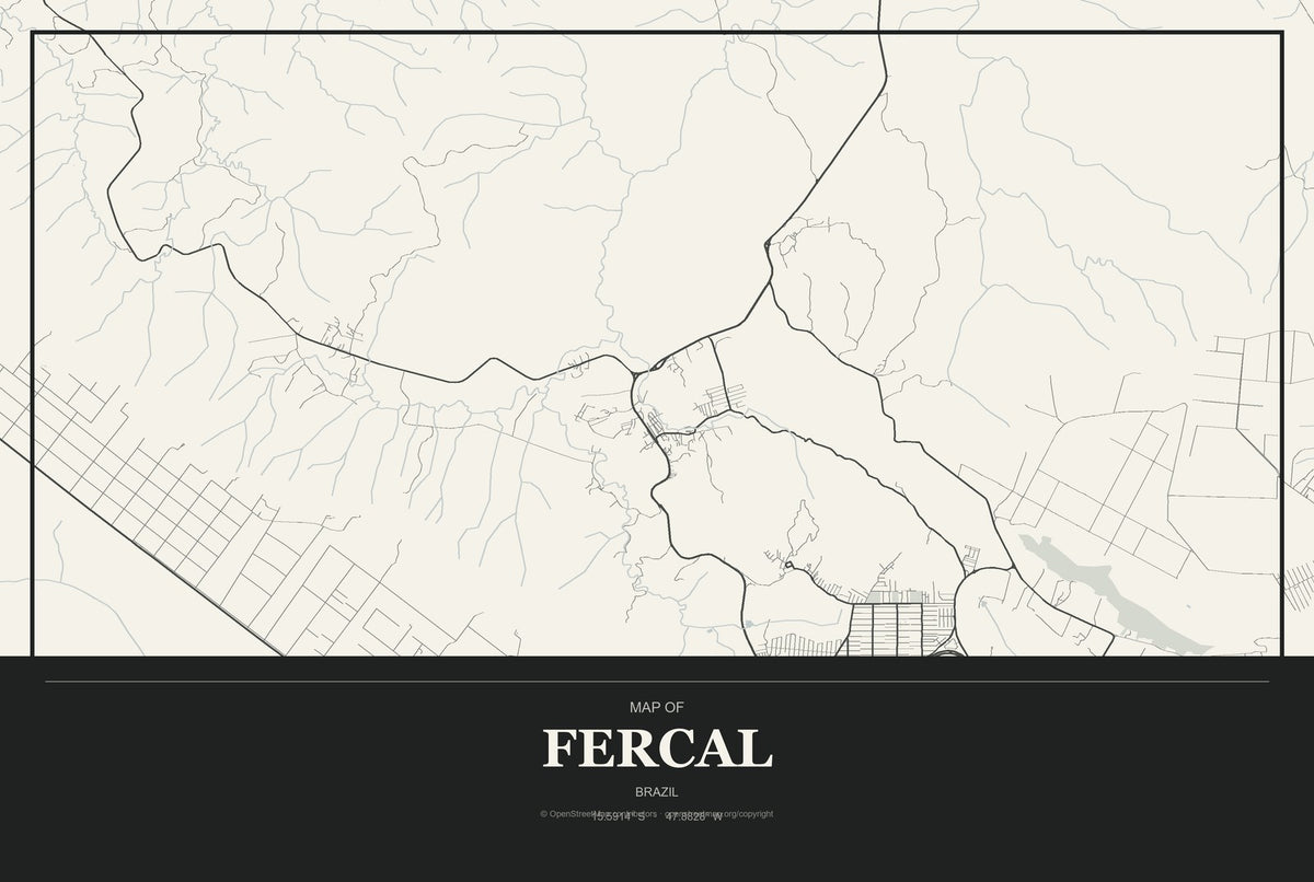 Fercal, Brazil City Map Aluminum Sign in Museum Plaque style