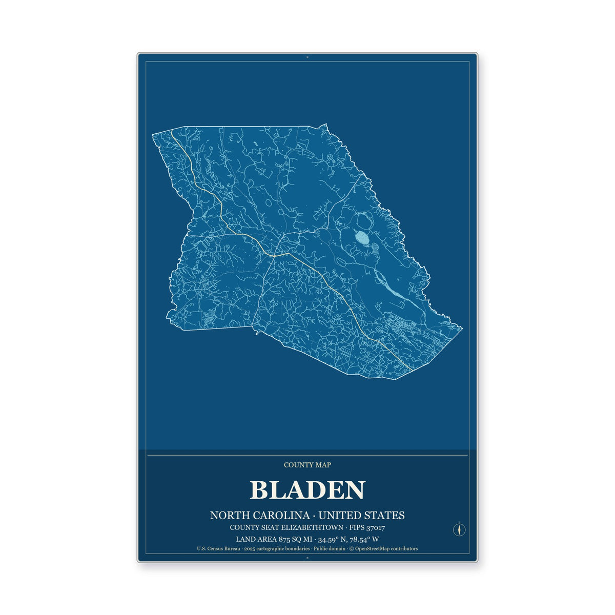 Bladen County, North Carolina Map Aluminum Sign in Harbor Cobalt style