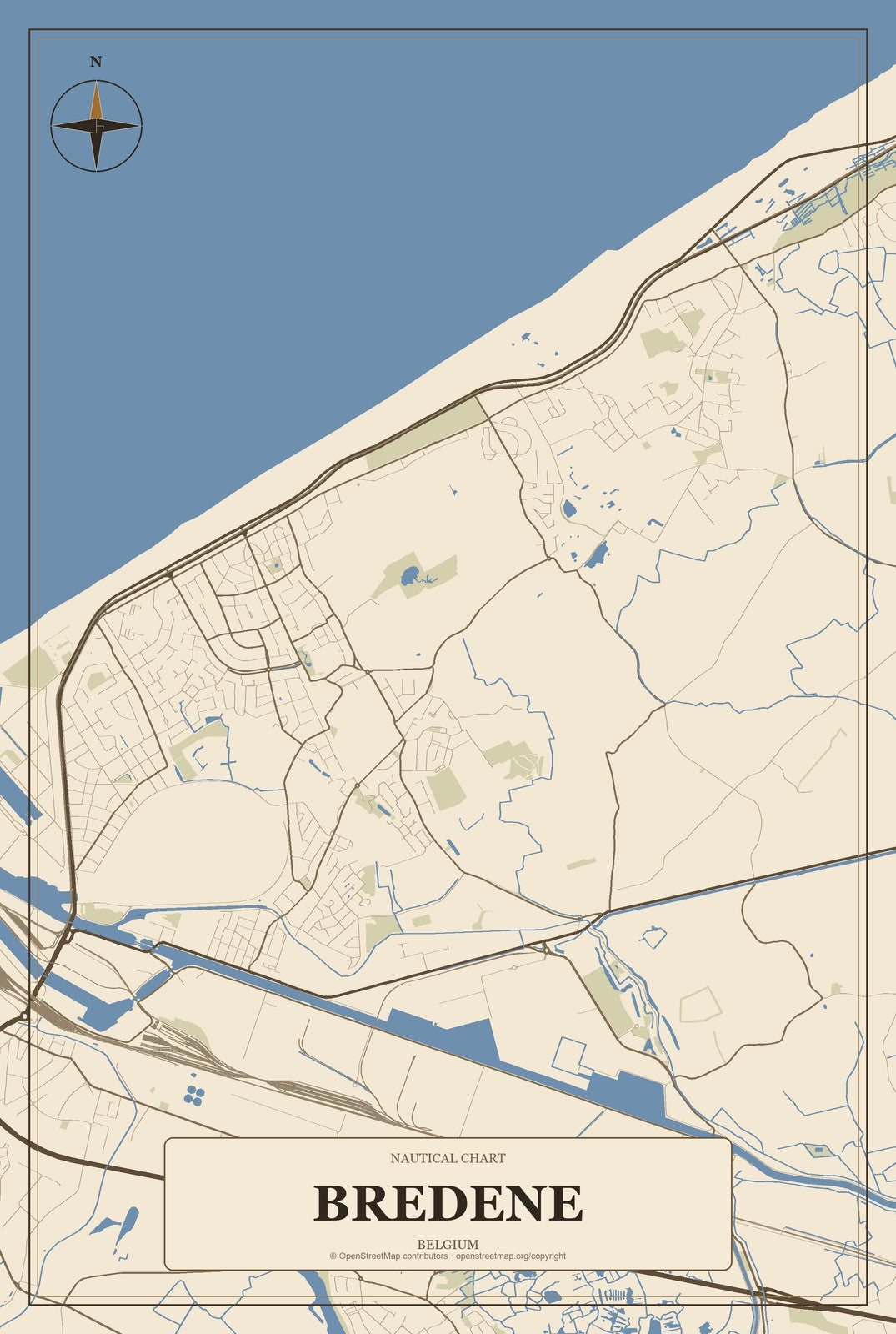 Bredene, Belgium City Map Aluminum Sign in Heritage Nautical style