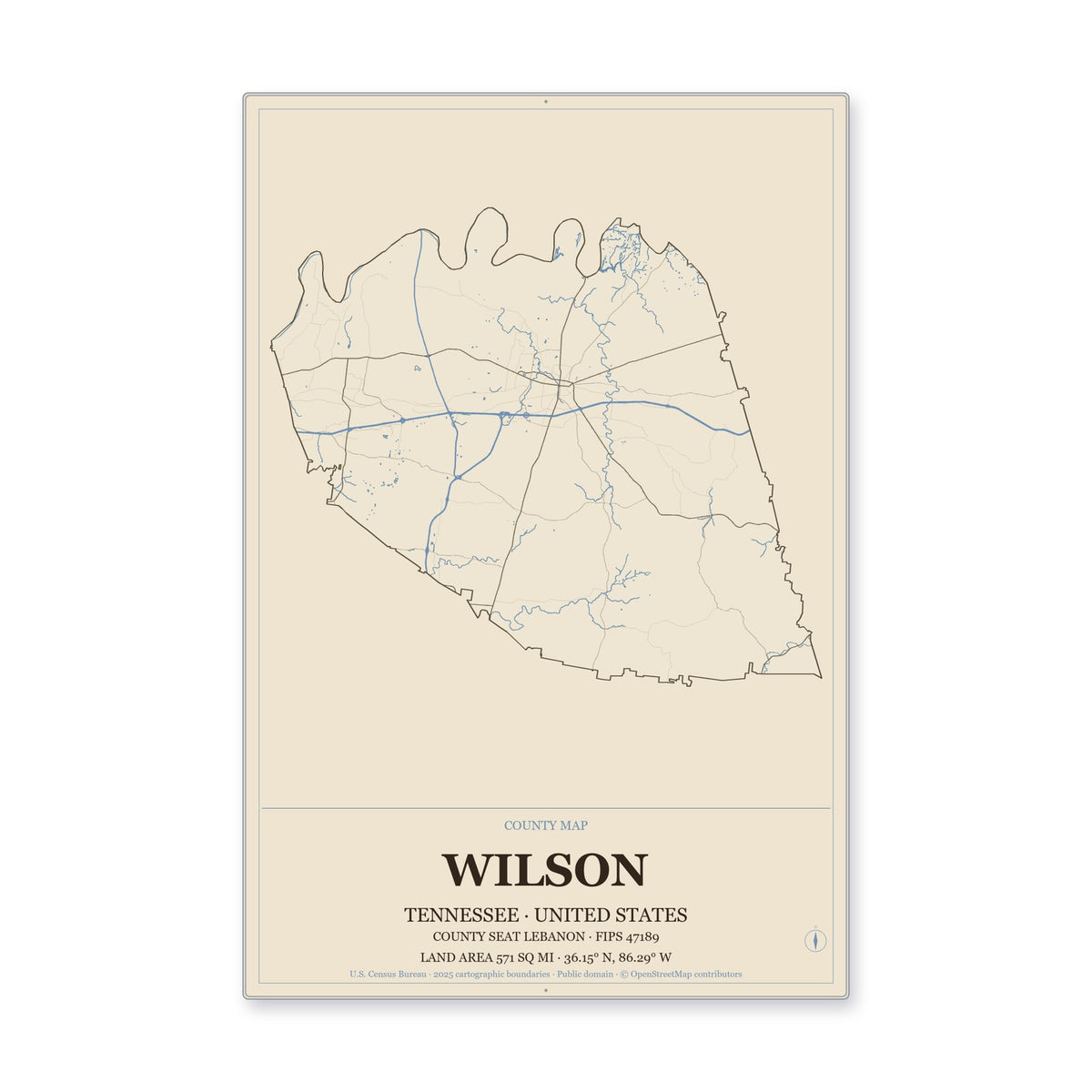 Wilson County, Tennessee Map Aluminum Sign in Heritage Nautical style