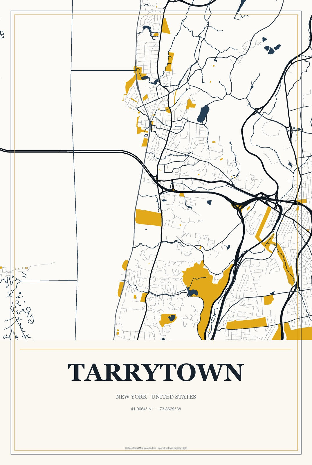 Tarrytown, New York City Map Aluminum Sign in Citrine Modern style