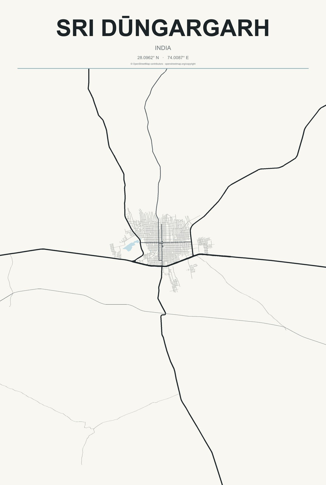 Sri Dūngargarh, India City Map Aluminum Sign in Headline Atlas style
