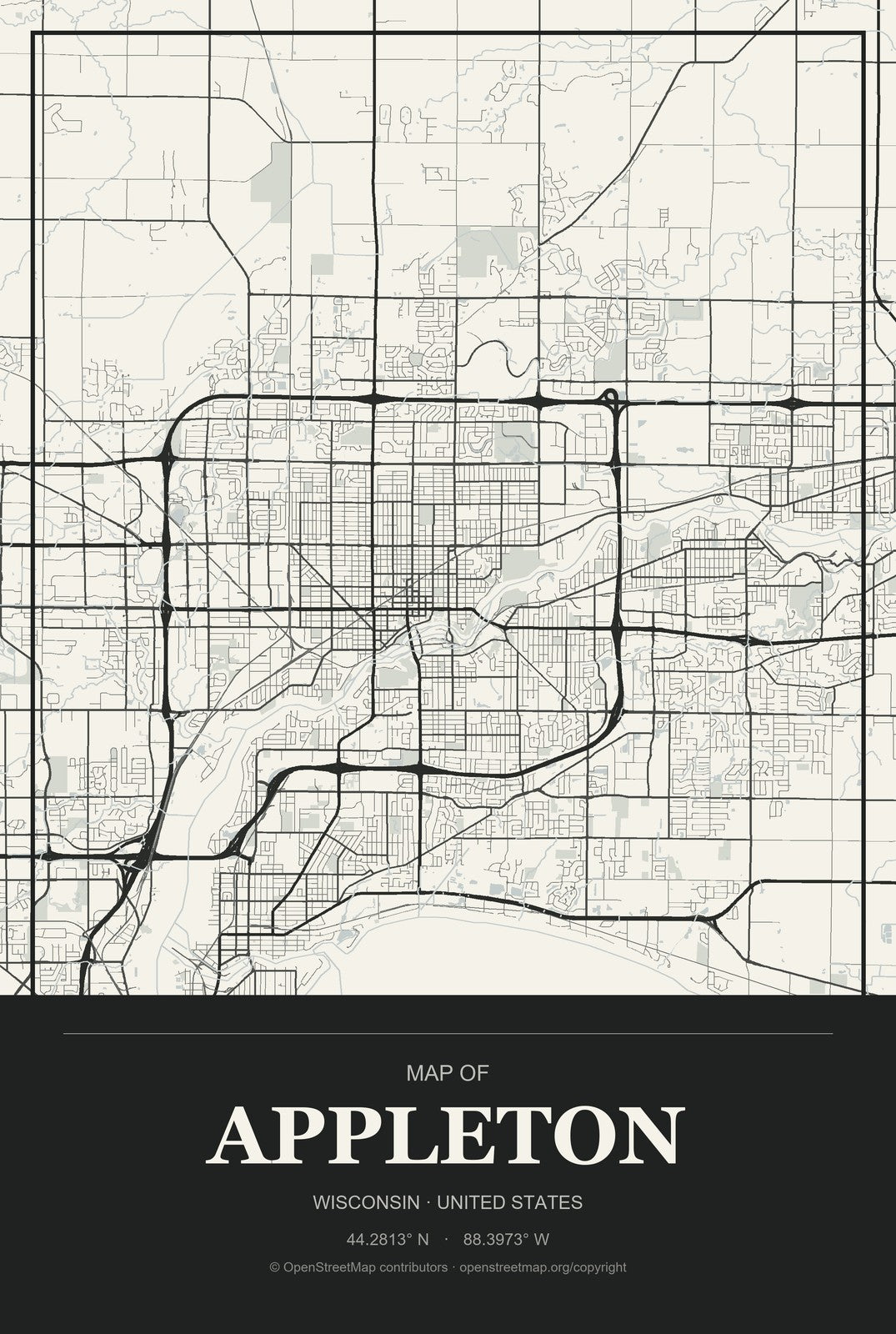 Appleton, Wisconsin City Map Aluminum Sign in Museum Plaque style