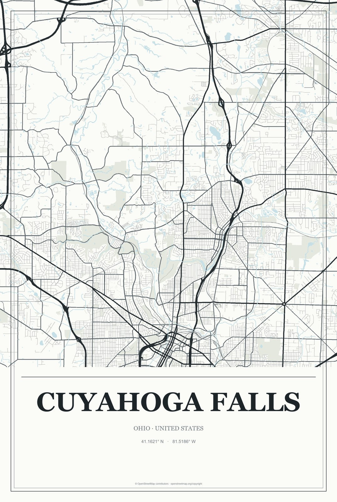 Cuyahoga Falls, Ohio City Map Aluminum Sign in Gallery Air style
