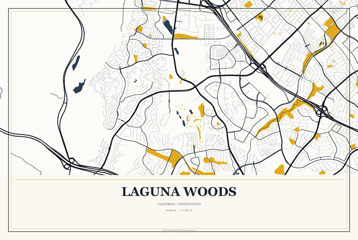 Laguna Woods, California City Map Aluminum Sign in Citrine Modern style