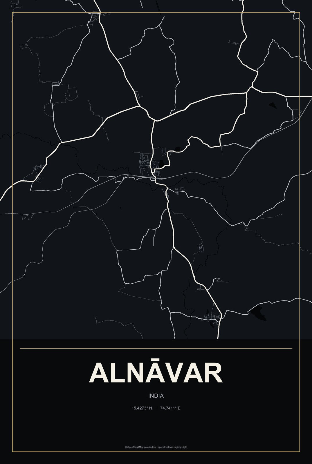 Alnāvar, India City Map Aluminum Sign in Metropolitan Noir style