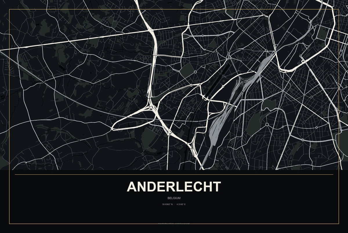 Anderlecht, Belgium City Map Aluminum Sign in Metropolitan Noir style