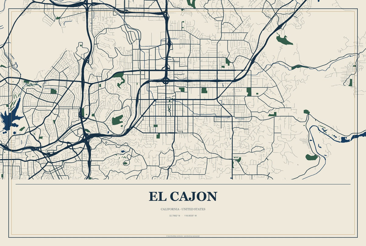 El Cajon, California City Map Aluminum Sign in Coastal Cutout style