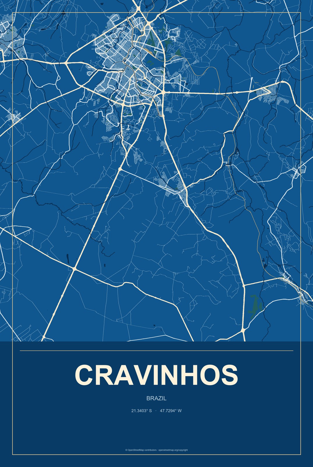 Cravinhos, Brazil City Map Aluminum Sign in Harbor Cobalt style