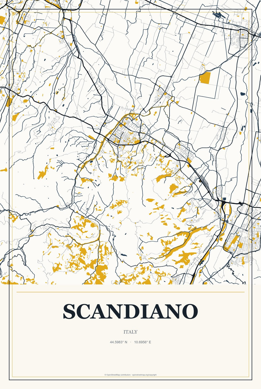 Scandiano, Italy City Map Aluminum Sign in Citrine Modern style
