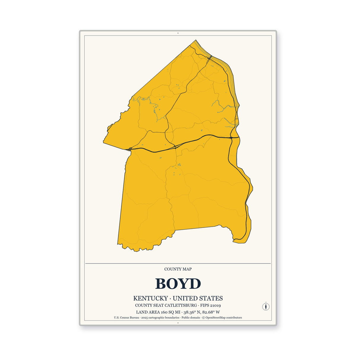 Boyd County, Kentucky Map Aluminum Sign in Citrine Modern style