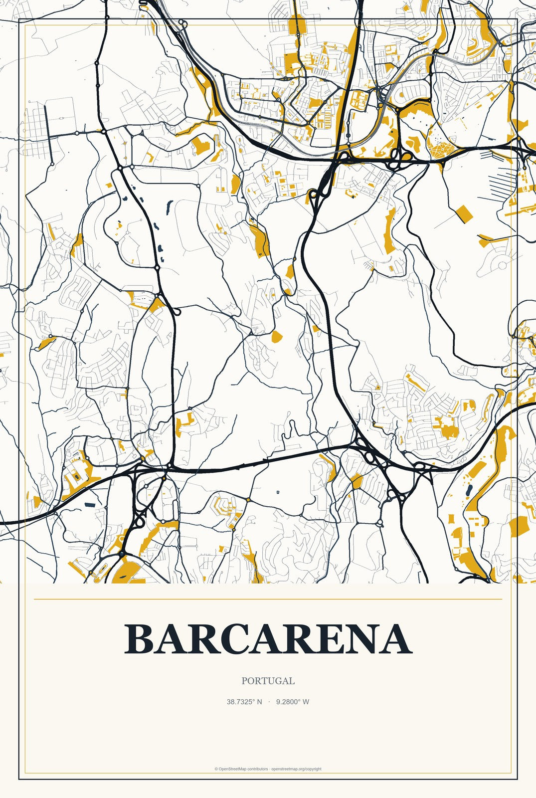 Barcarena, Portugal City Map Aluminum Sign in Citrine Modern style
