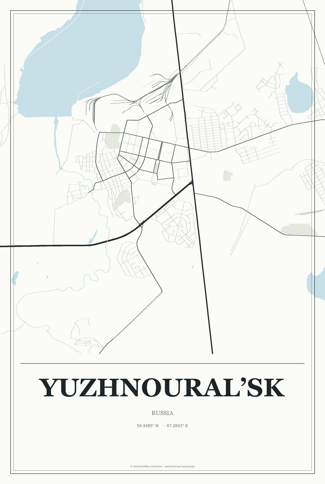 Yuzhnoural’sk, Russia City Map Aluminum Sign in Gallery Air style