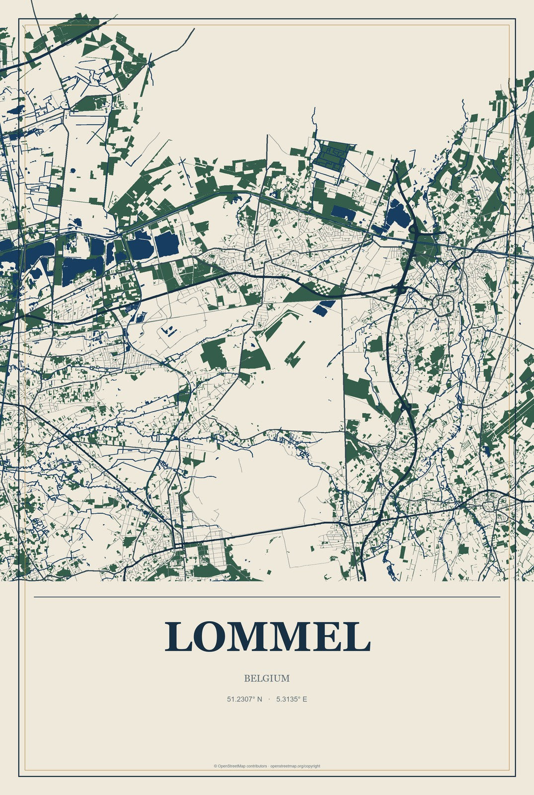 Lommel, Belgium City Map Aluminum Sign in Coastal Cutout style