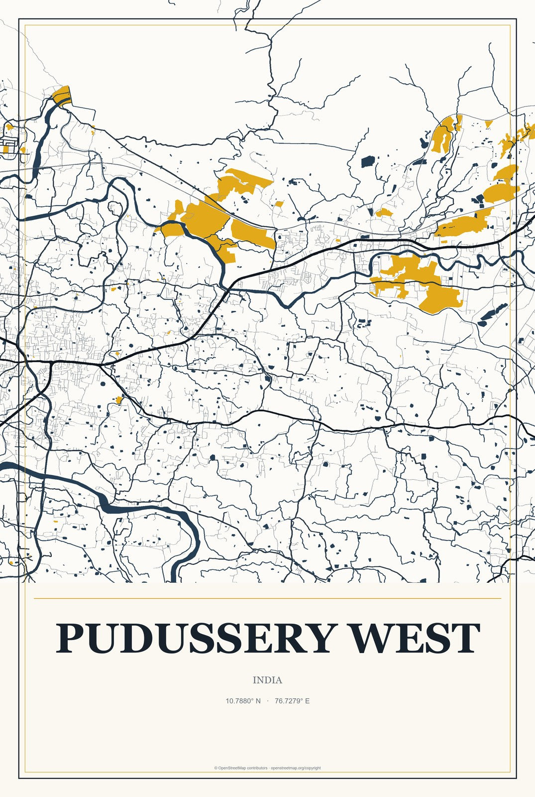 Pudussery West, India City Map Aluminum Sign in Citrine Modern style