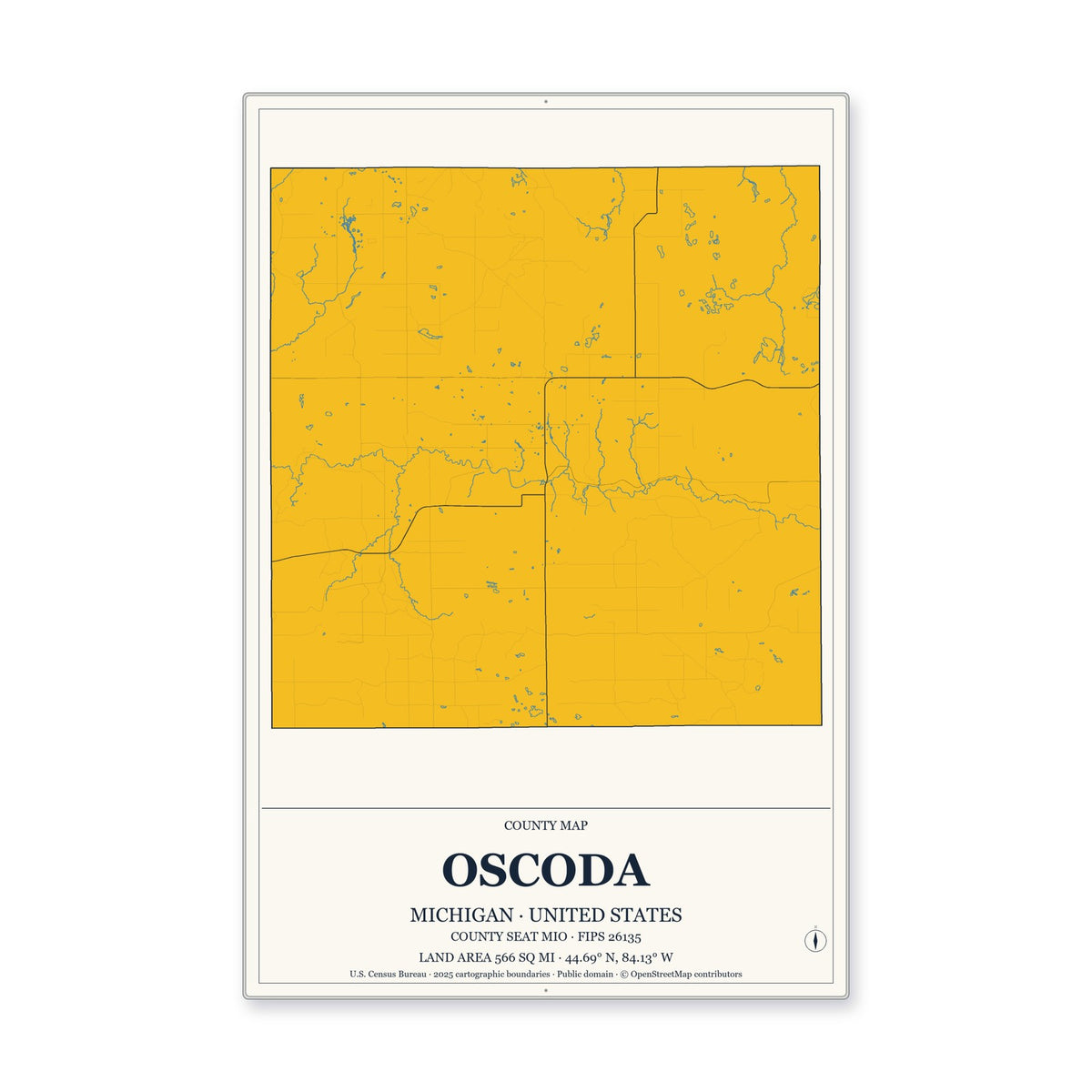 Oscoda County, Michigan Map Aluminum Sign in Citrine Modern style