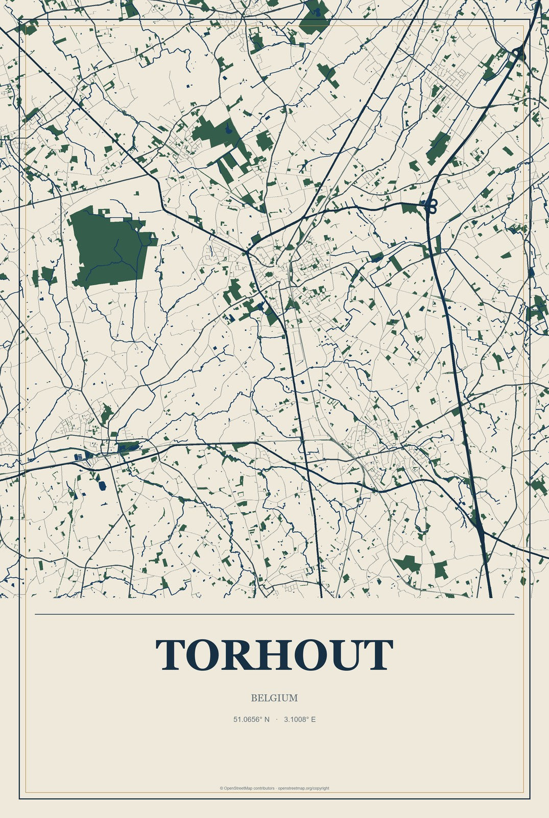 Torhout, Belgium City Map Aluminum Sign in Coastal Cutout style
