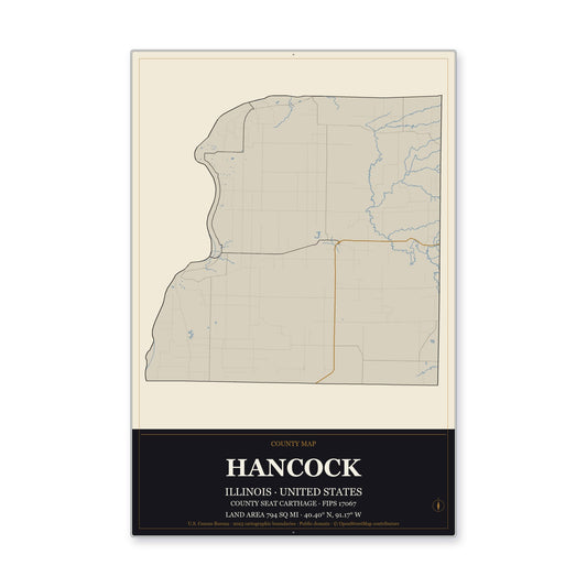 Hancock County, Illinois Map Aluminum Sign in Museum Plaque style