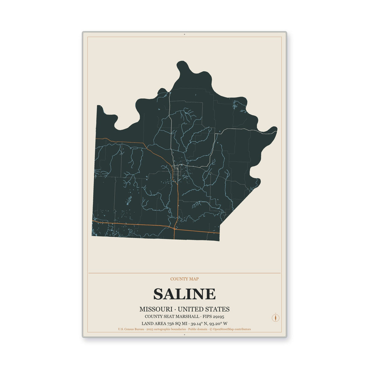 Saline County, Missouri Map Aluminum Sign in Headline Atlas style