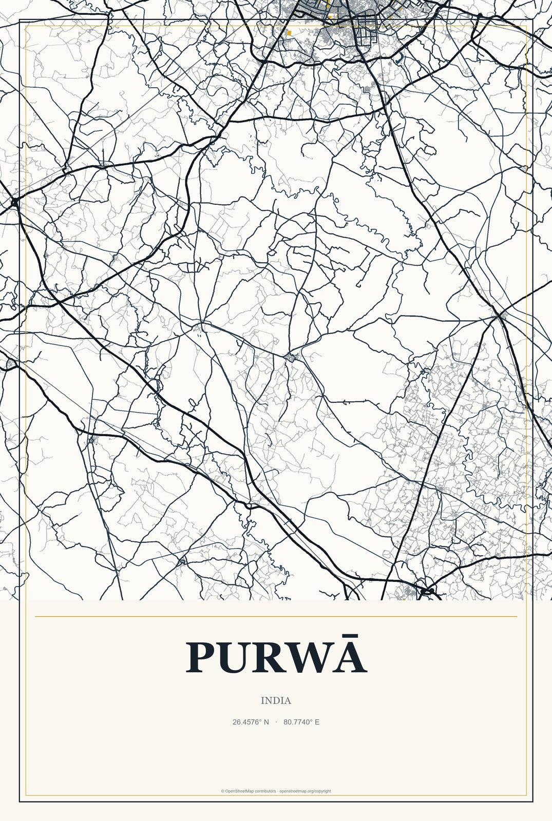 Purwā, India City Map Aluminum Sign in Citrine Modern style
