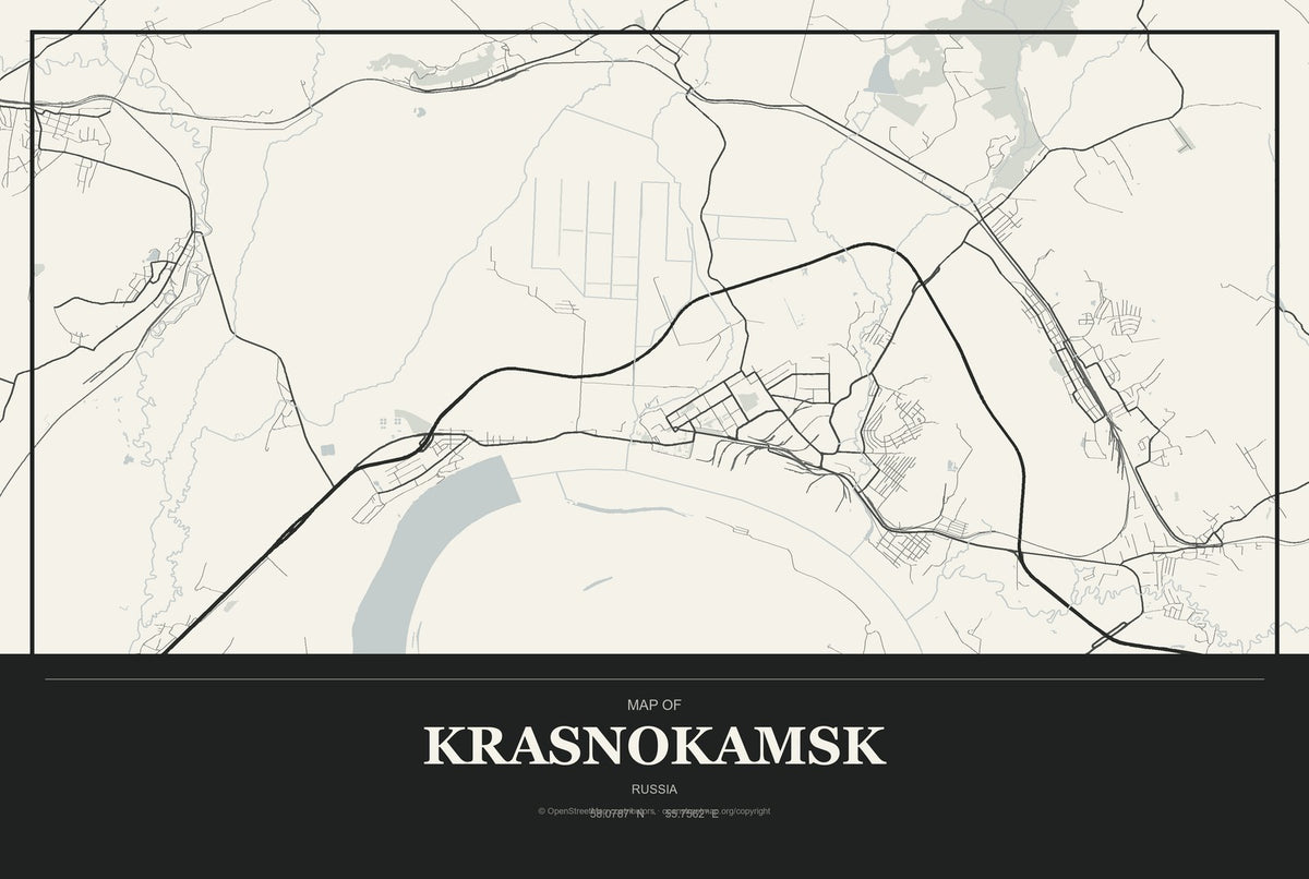 Krasnokamsk, Russia City Map Aluminum Sign in Museum Plaque style