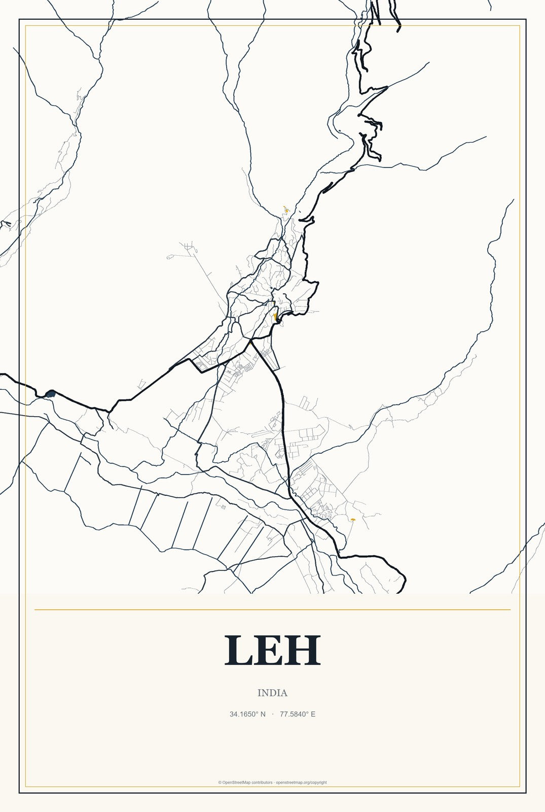 Leh, India City Map Aluminum Sign in Citrine Modern style