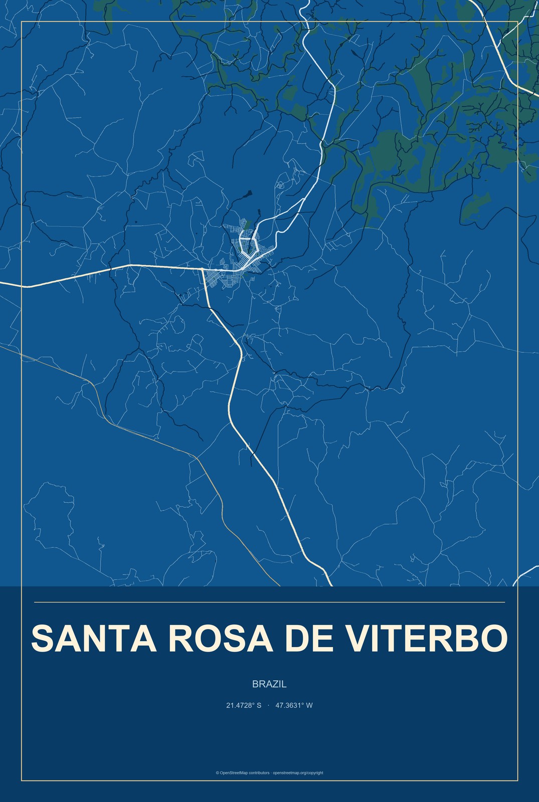 Santa Rosa de Viterbo, Brazil City Map Aluminum Sign in Harbor Cobalt style