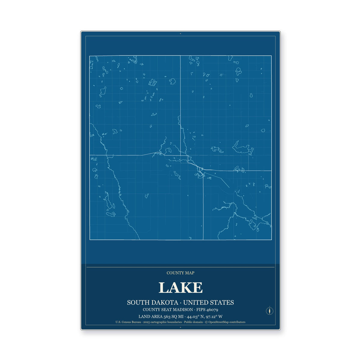 Lake County, South Dakota Map Aluminum Sign in Harbor Cobalt style