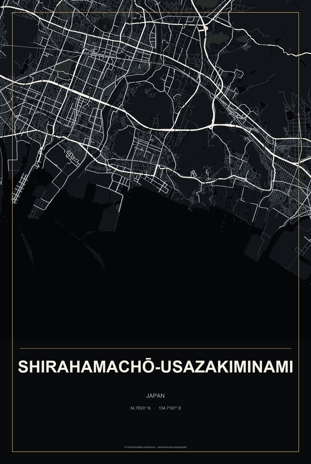 Shirahamachō-usazakiminami, Japan City Map Aluminum Sign in Metropolitan Noir style