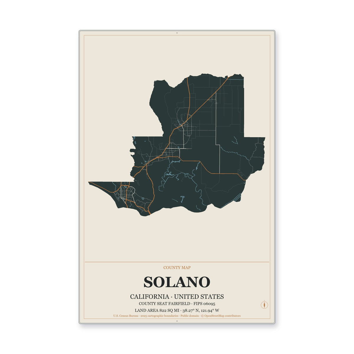 Solano County, California Map Aluminum Sign in Headline Atlas style