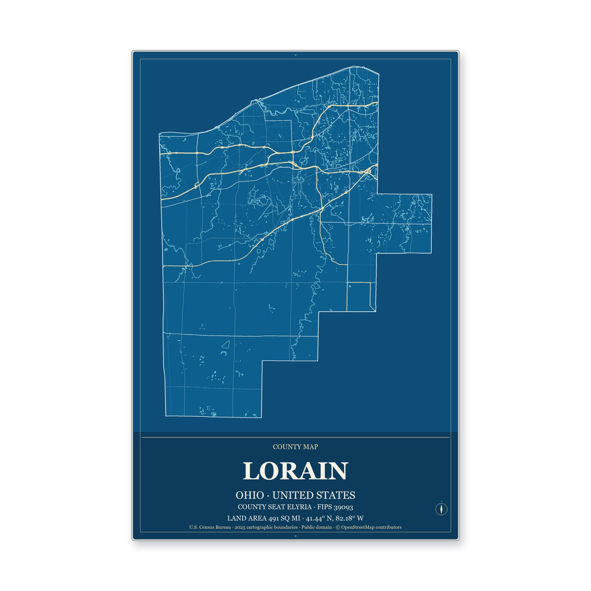 Lorain County, Ohio Map Aluminum Sign in Harbor Cobalt style