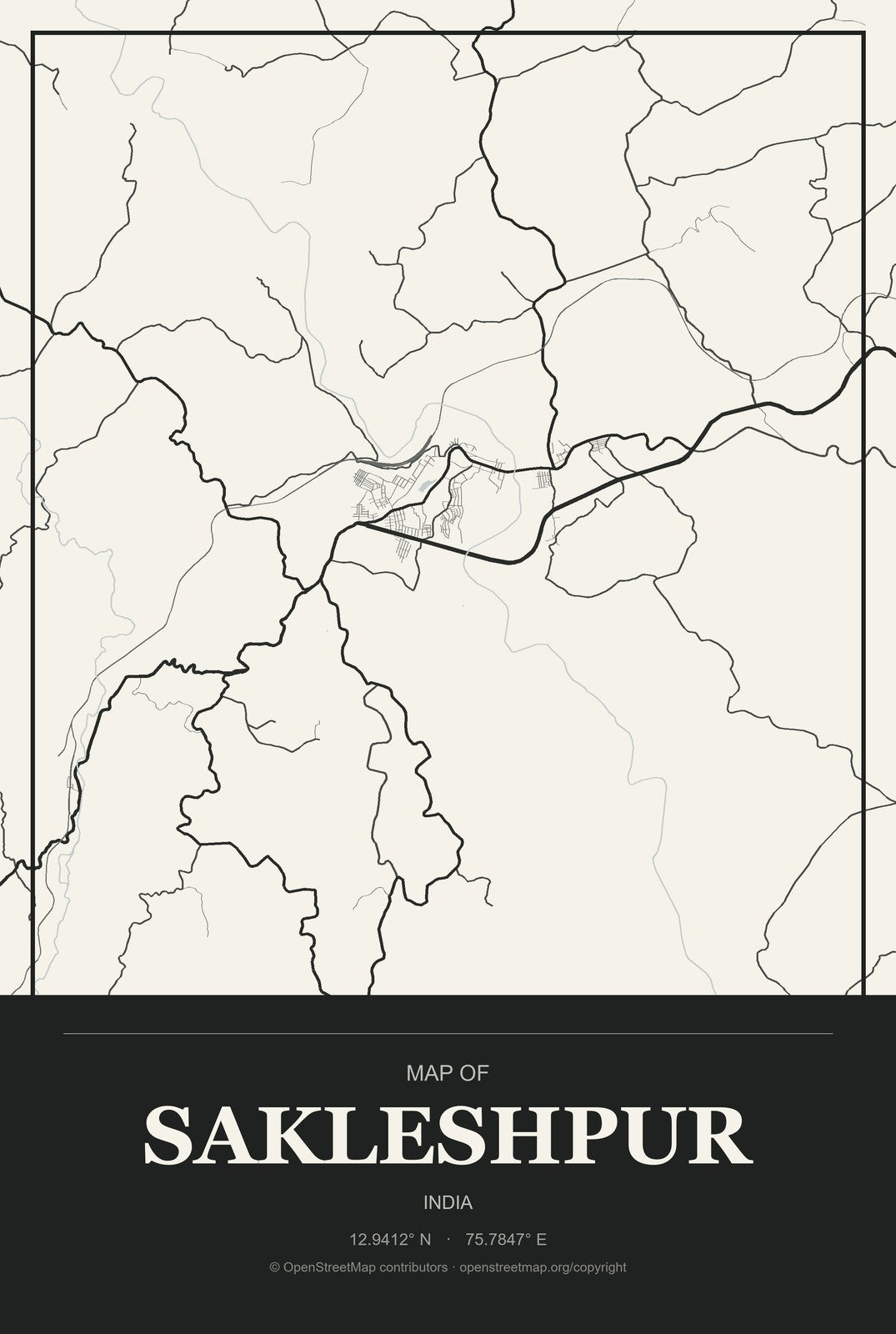 Sakleshpur, India City Map Aluminum Sign in Museum Plaque style