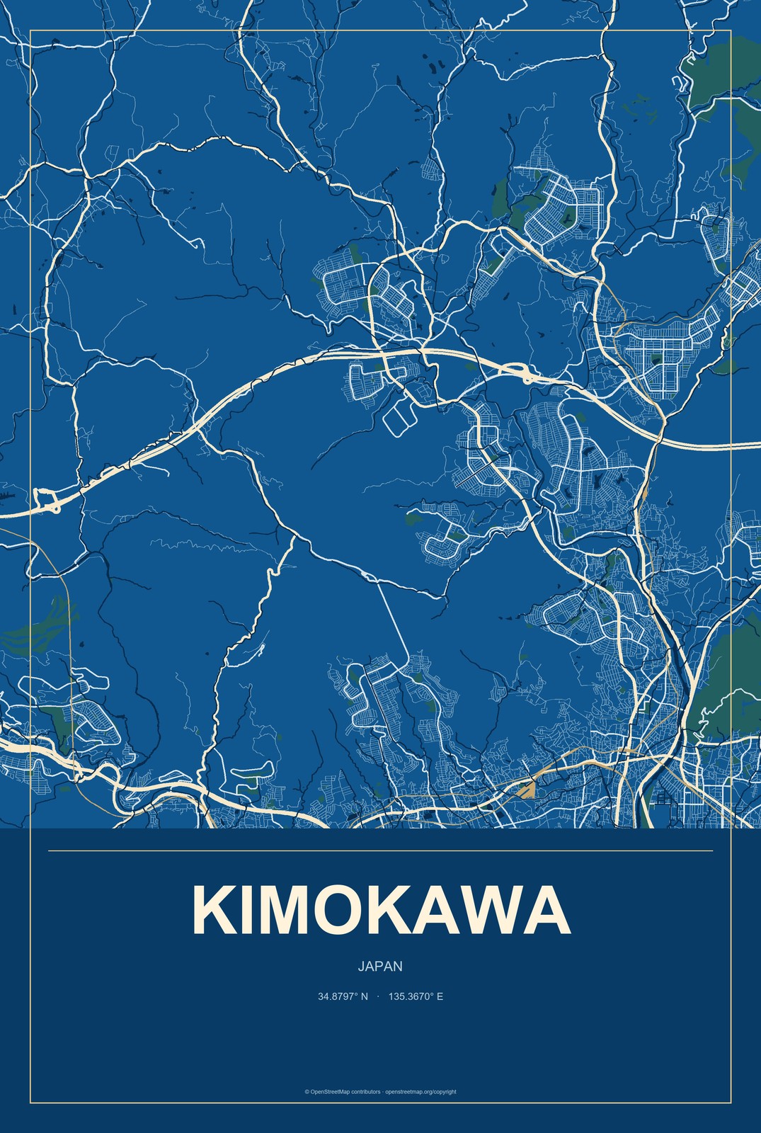 Kimokawa, Japan City Map Aluminum Sign in Harbor Cobalt style