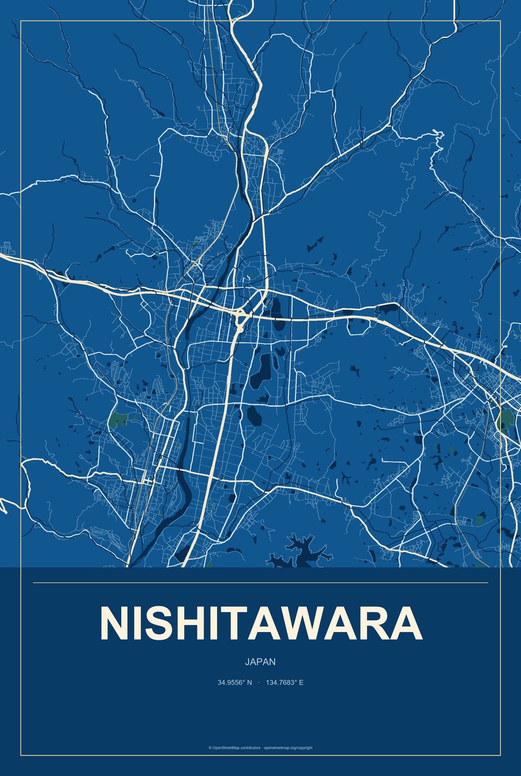 Nishitawara, Japan City Map Aluminum Sign in Harbor Cobalt style