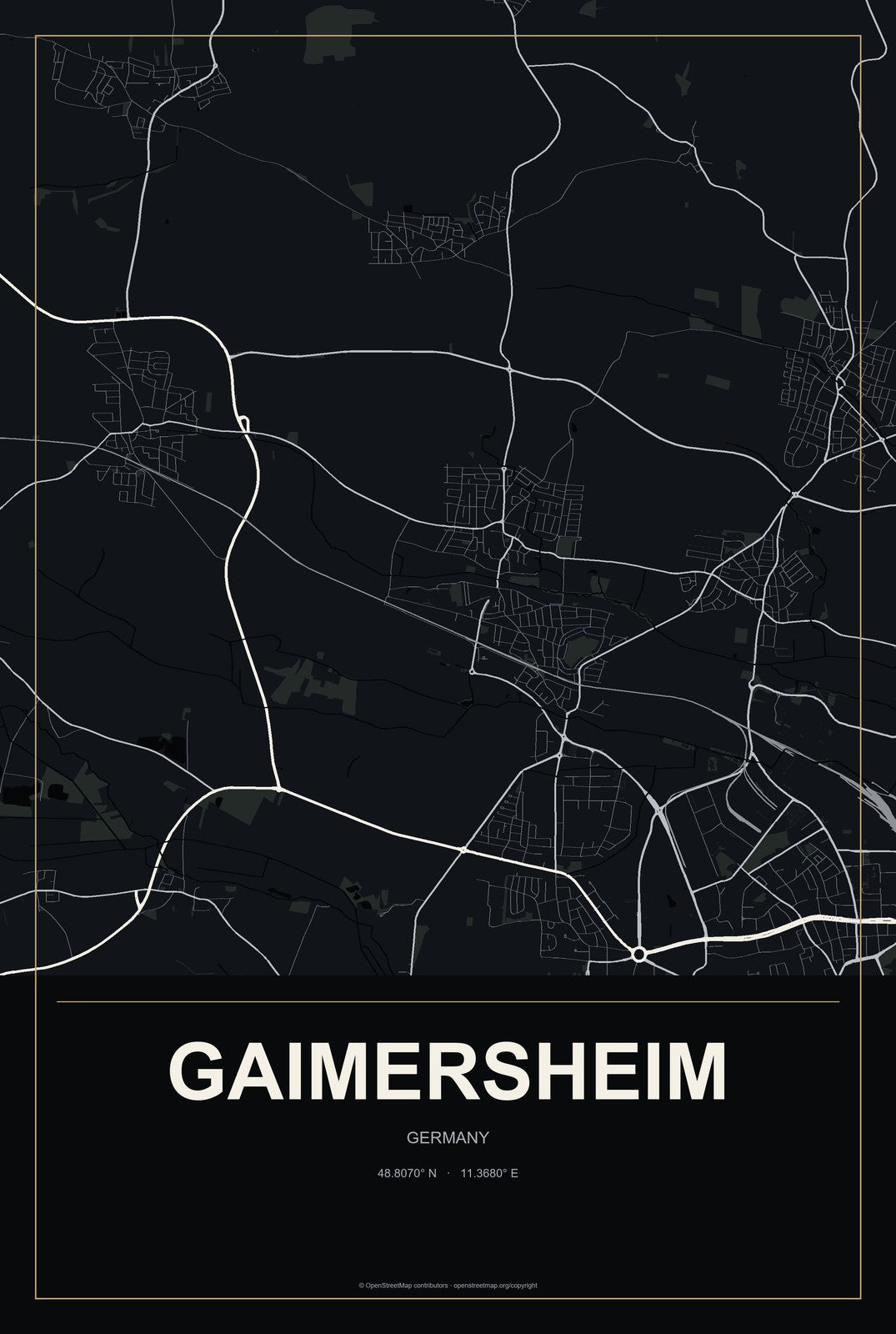 Gaimersheim, Germany City Map Aluminum Sign in Metropolitan Noir style