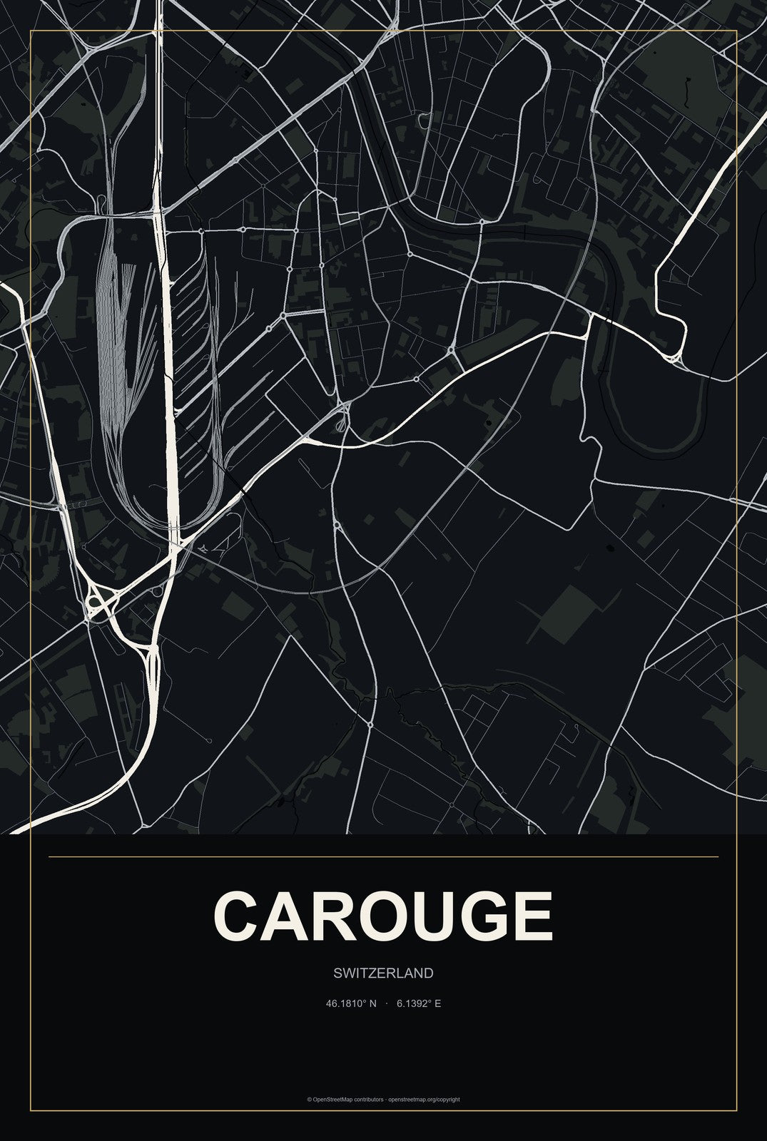 Carouge, Switzerland City Map Aluminum Sign in Metropolitan Noir style