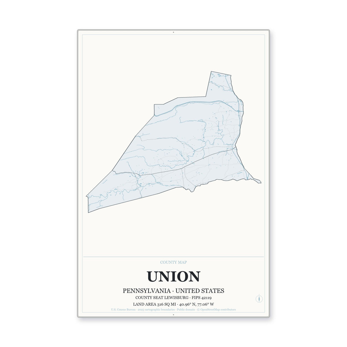 Union County, Pennsylvania Map Aluminum Sign in Gallery Air style