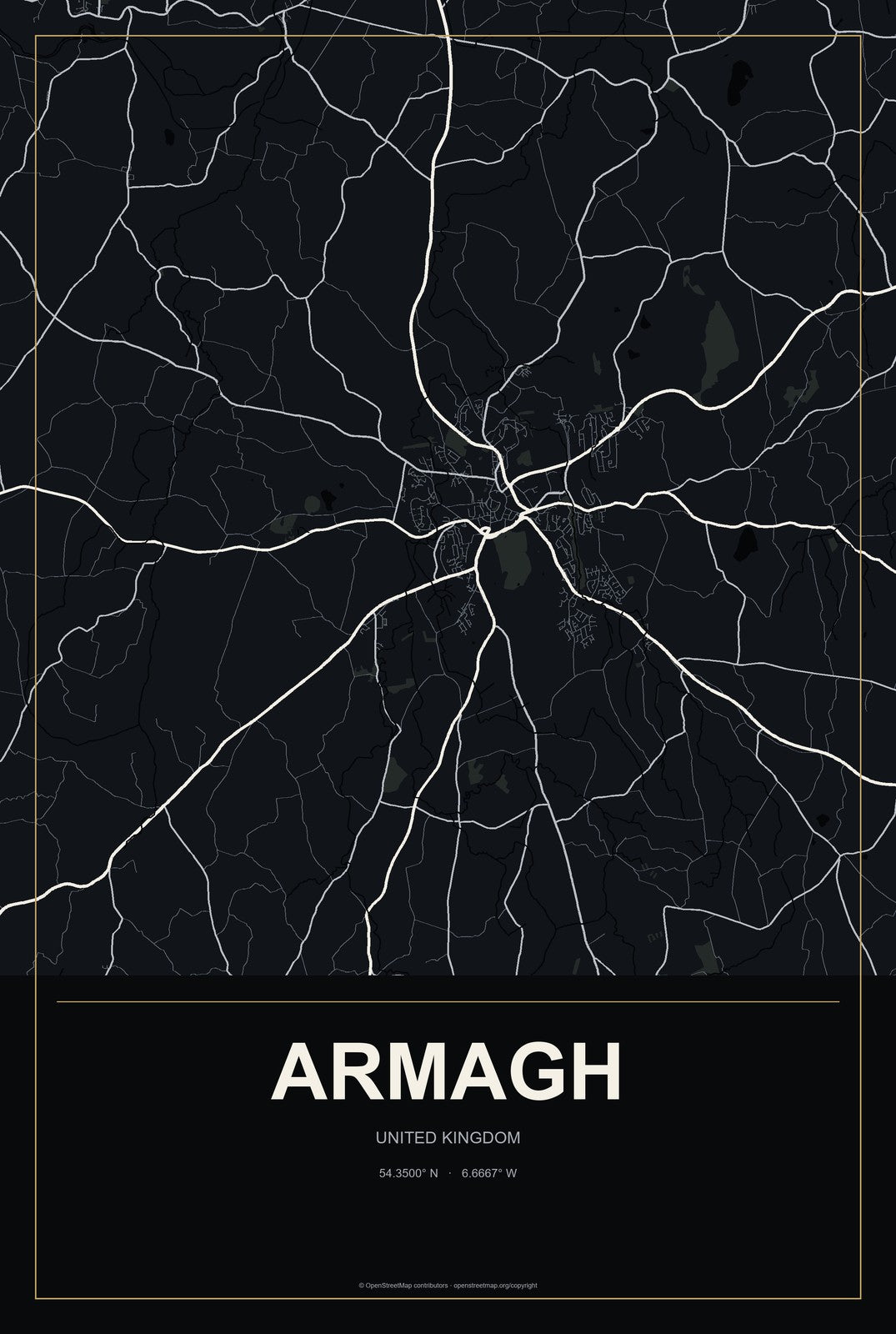 Armagh, United Kingdom City Map Aluminum Sign in Metropolitan Noir style