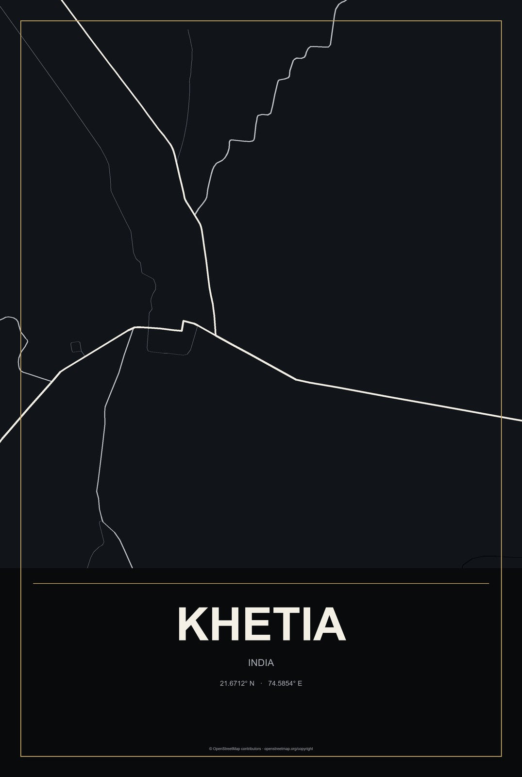 Khetia, India City Map Aluminum Sign in Metropolitan Noir style