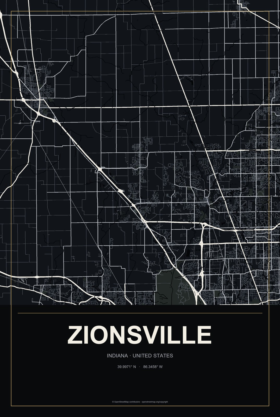 Zionsville, Indiana City Map Aluminum Sign in Metropolitan Noir style