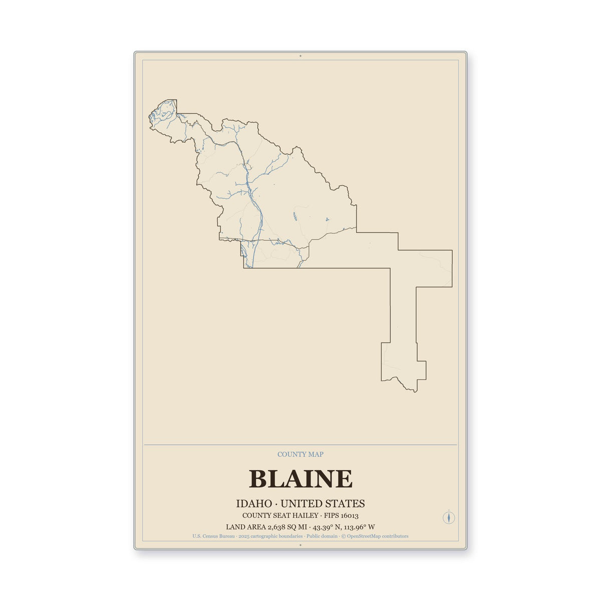Blaine County, Idaho Map Aluminum Sign in Heritage Nautical style