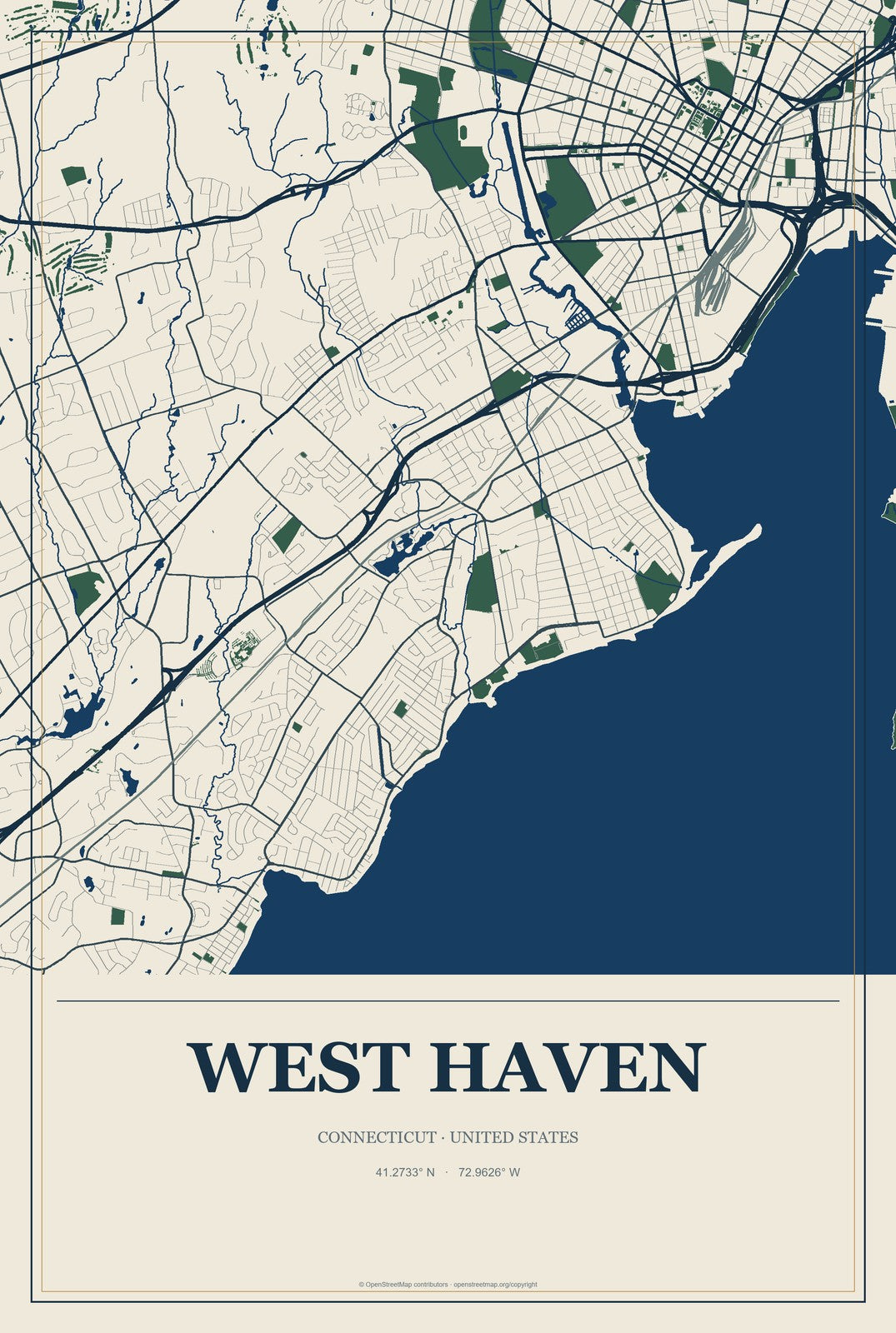 West Haven, Connecticut City Map Aluminum Sign in Coastal Cutout style